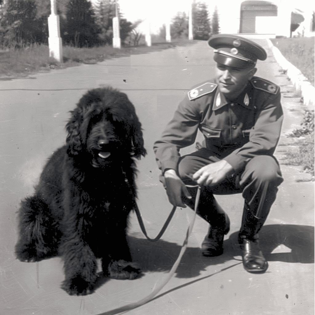 Vintage black and white photo of a police officer with a large fluffy dog on leash outdoors.