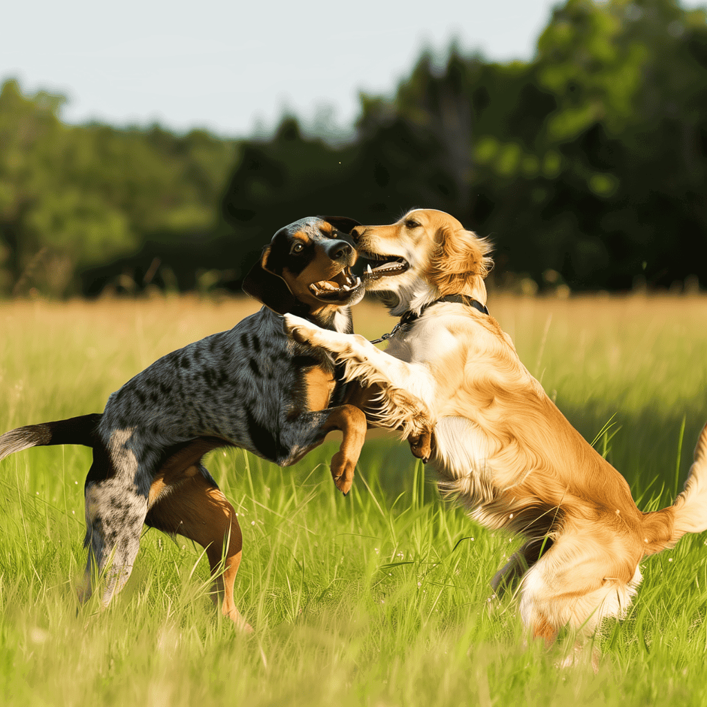 Adorable dogs playing together in a sunny outdoor setting, showcasing canine friendship and exercise.