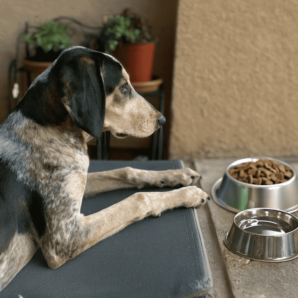 Sad dog waiting for food, dog bowl with food and water, outdoor backyard, pet care, providing proper nutrition.