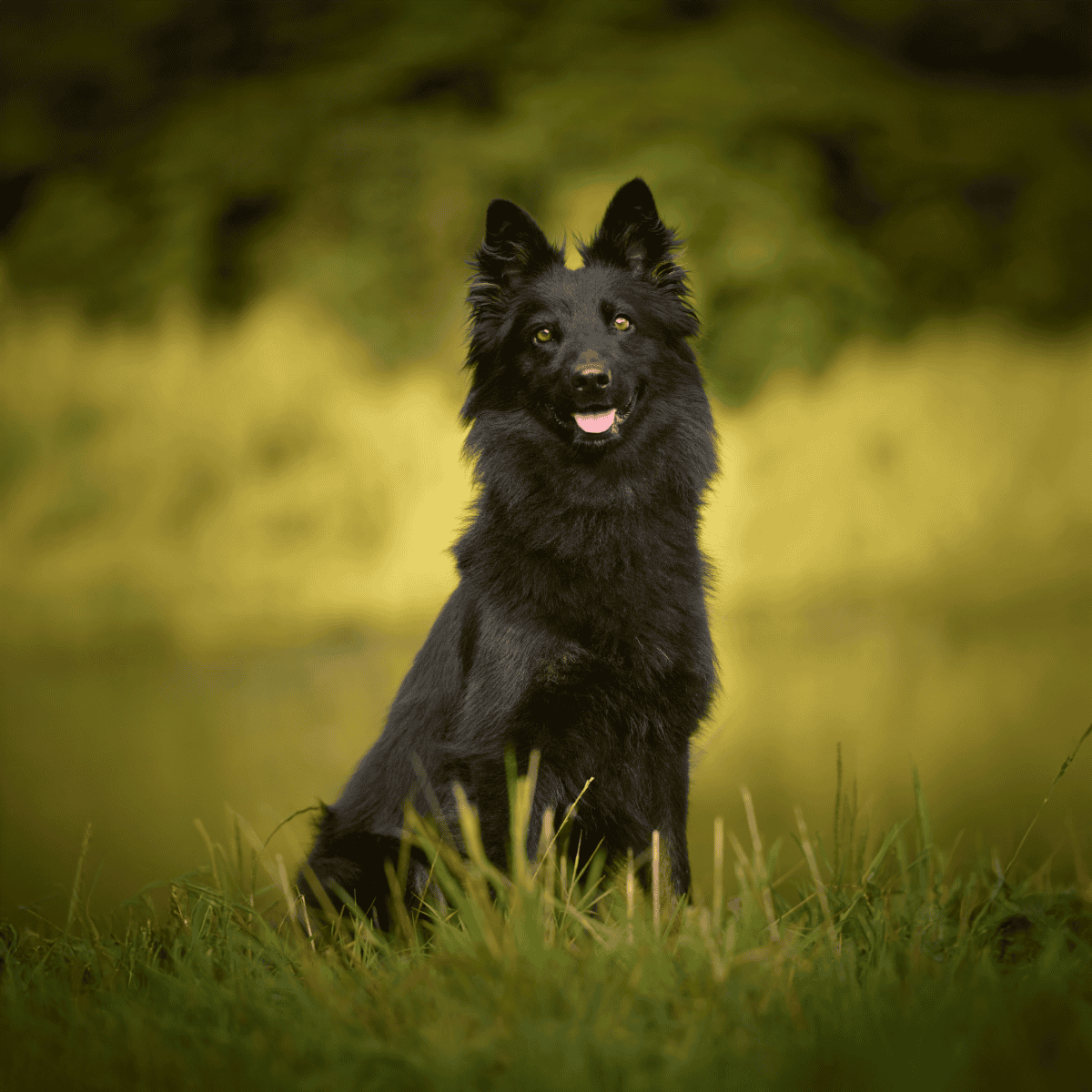 Black dog, friendly, alert, sitting in green field during daytime.