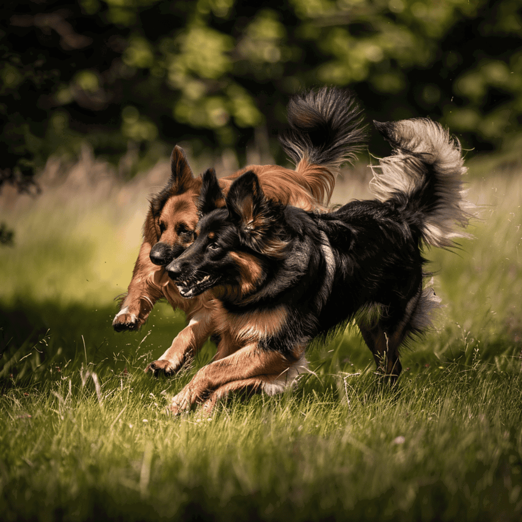 Adorable dogs playing and running in the park.