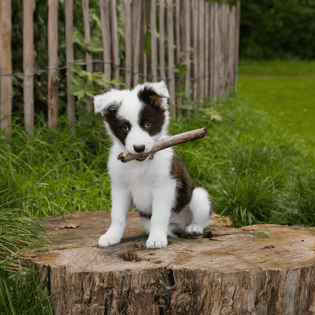 Cute Border Collie puppy holding stick on a tree stump in garden.