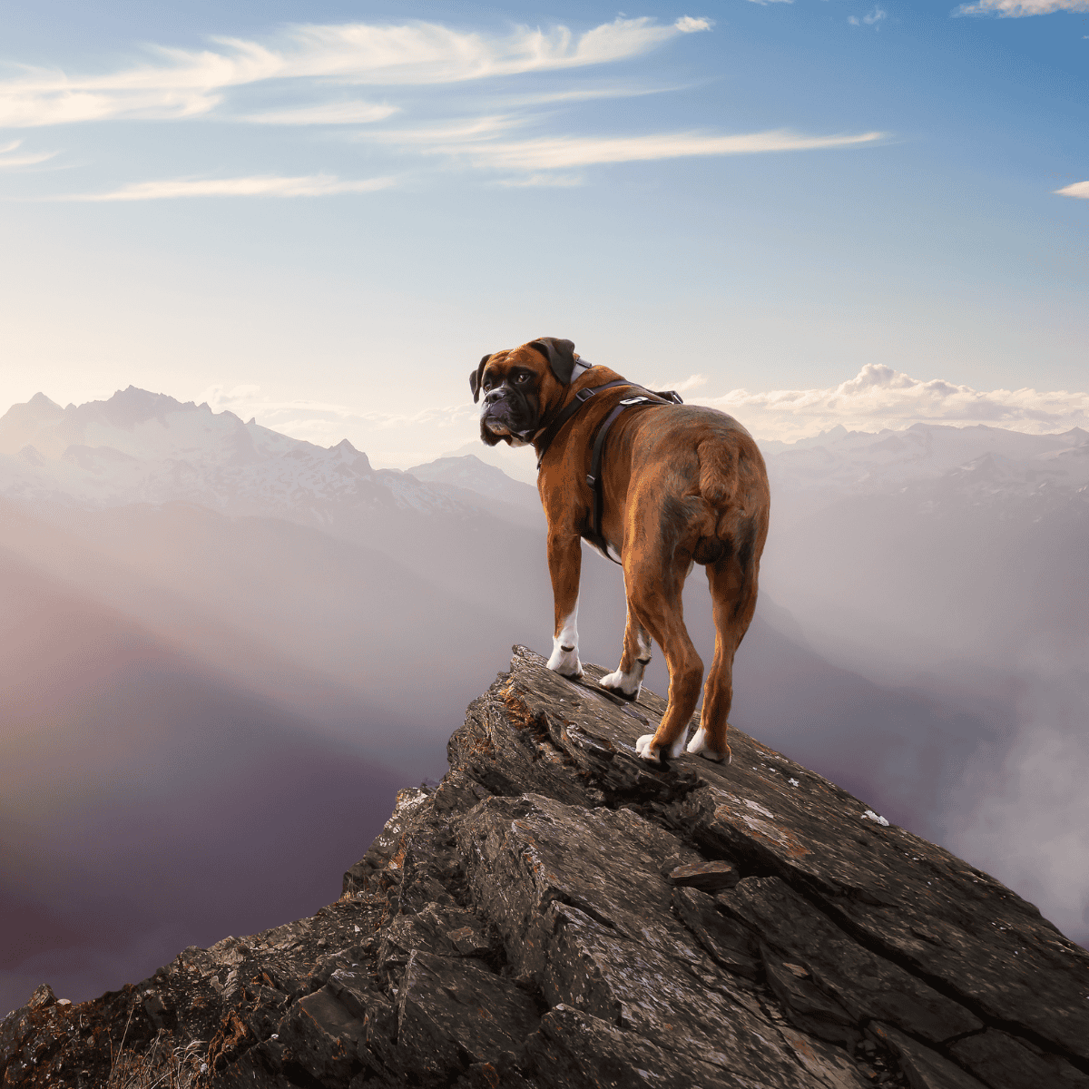 Dog standing on mountain peak, exploring outdoors, adventure, hiking, nature, high altitude, majestic views.
