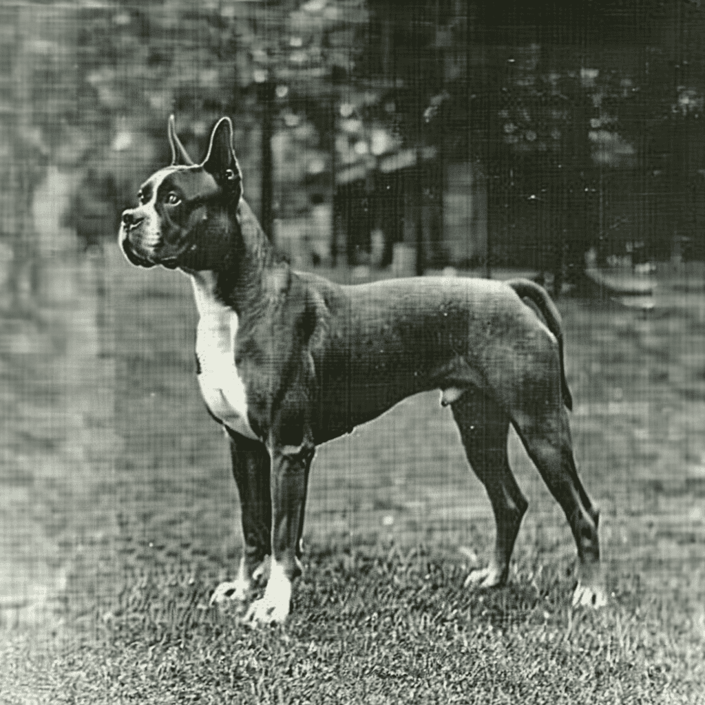 Dog studio photo of a Boxer pit bull dog with a cropped ear sitting outdoors.