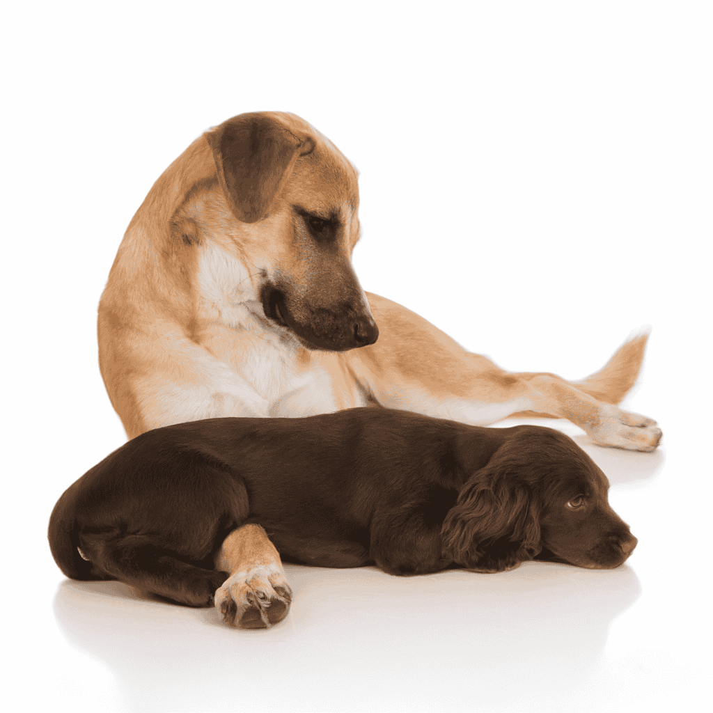 Adorable mother and puppy resting together on white background.
