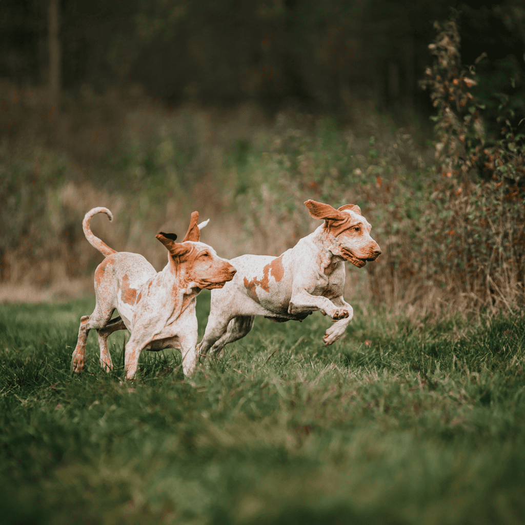 Playful dogs running happily in a grassy field, enjoying outdoor exercise and companionship.
