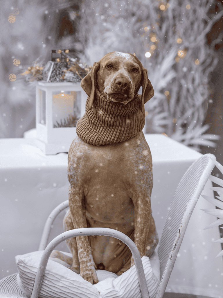 Adorable dog wearing cozy sweater sits in winter holiday decor scene.