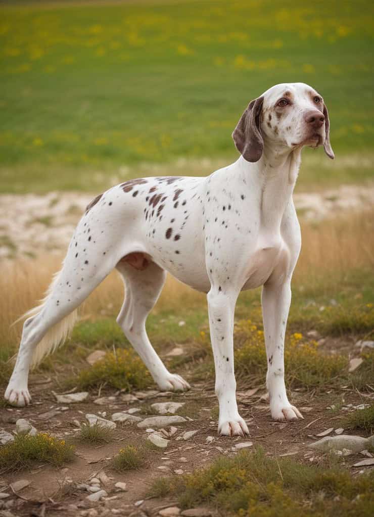 Dalmatian dog standing outdoors on grassy field.