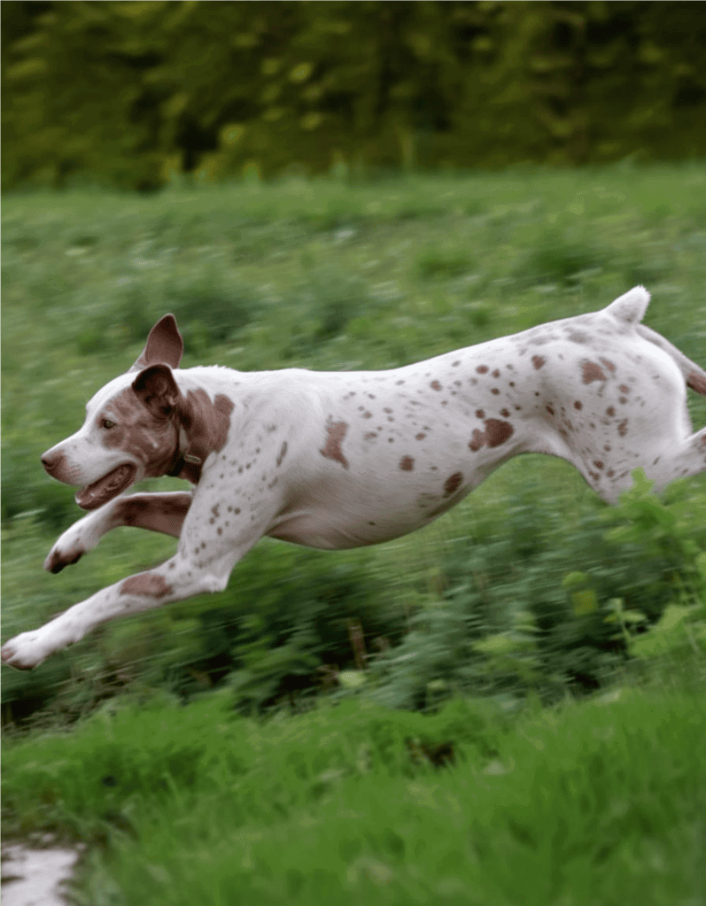 Dog running through grassy field at high speed, showcasing agility and playful nature.