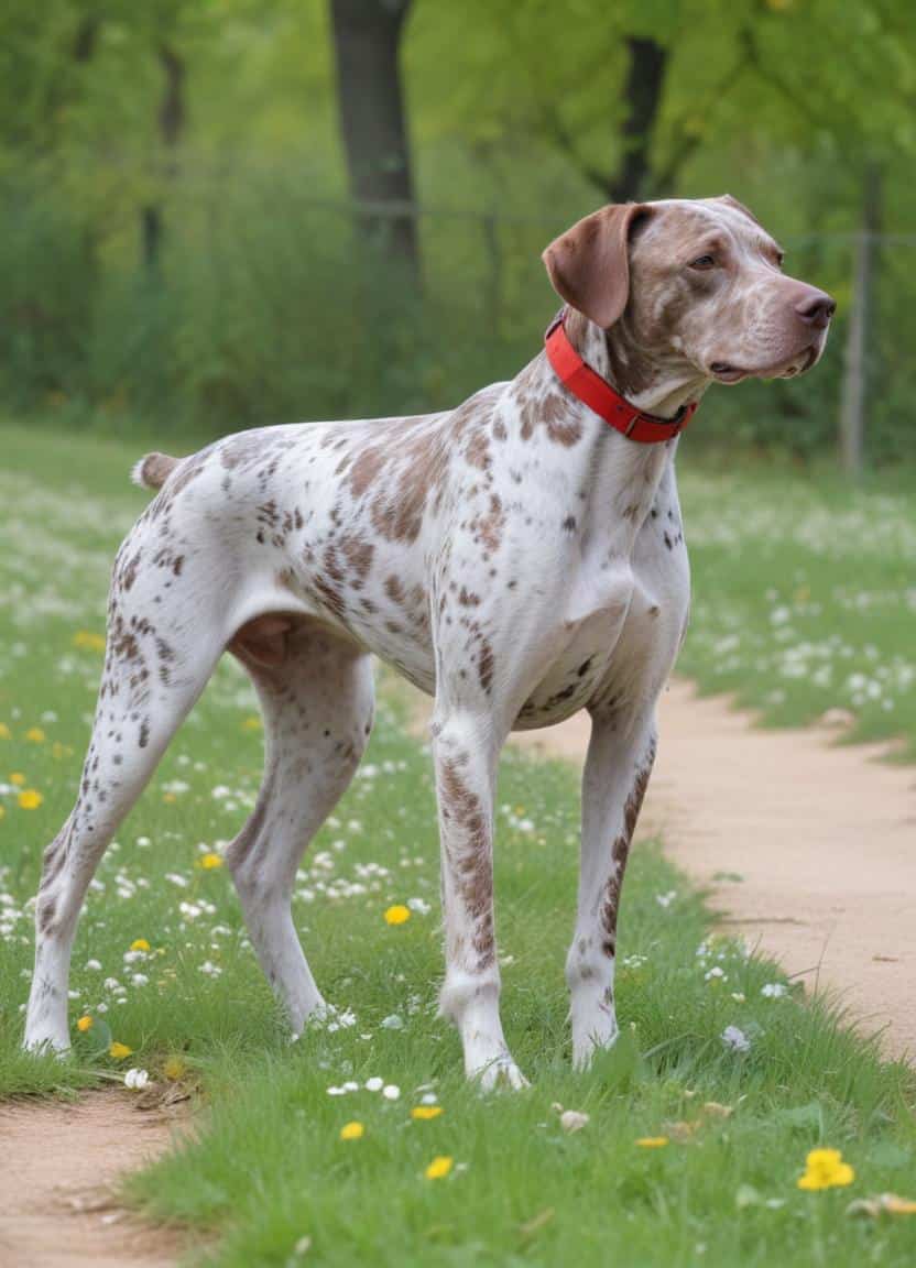 Adorable dog with brown spots and red collar in a lush green park setting.