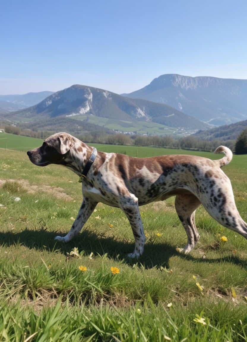 Dog walking in scenic mountains landscape.