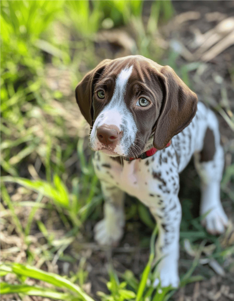 Cute puppy in grassy area with expressive eyes, perfect for dog lovers.