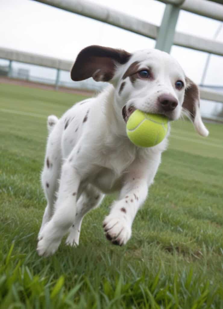 Adorable white and brown puppy running on grass with a tennis ball in its mouth. Perfect for dog care and playtime.