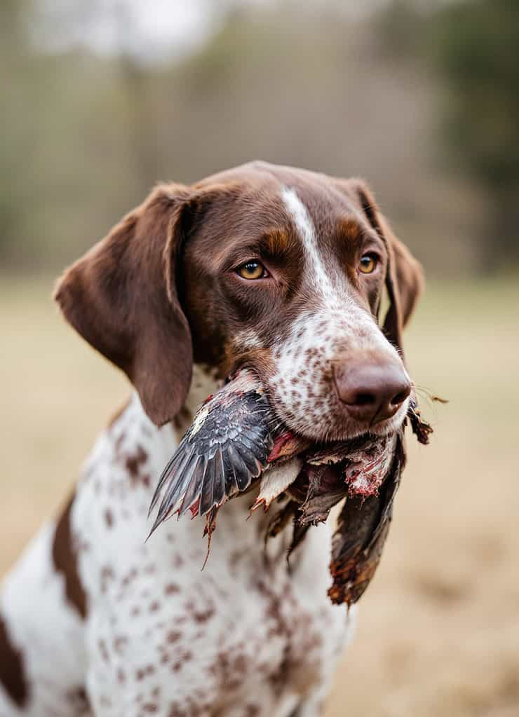 Dogfetching bird in field.