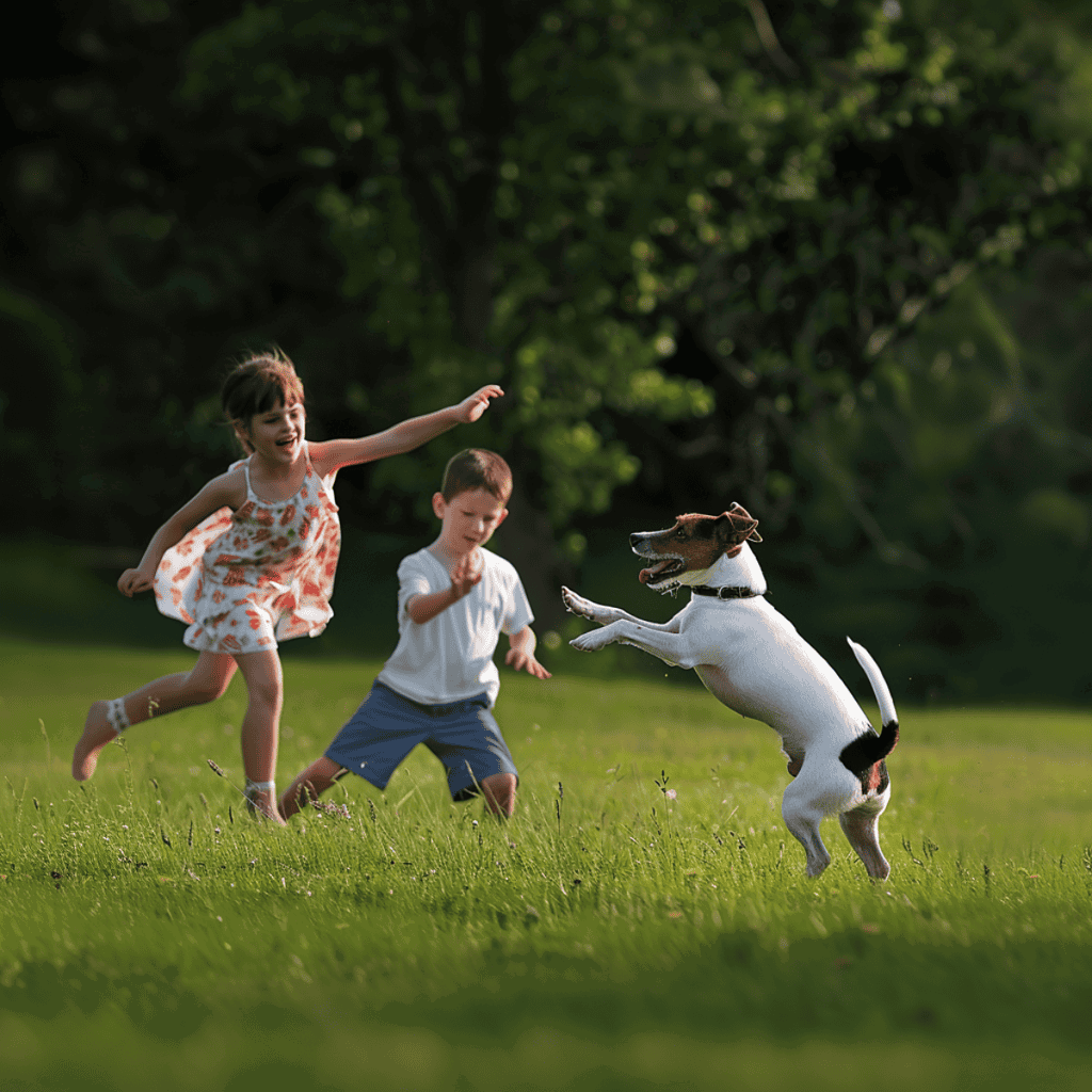 Happy children playing fetch with a lively dog outdoors.