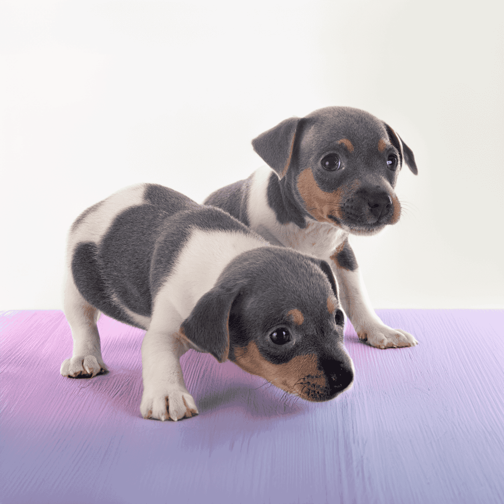 Adorable black, white, and tan Dachshund puppies practicing yoga on purple mat. Perfect for pet care and dog training.