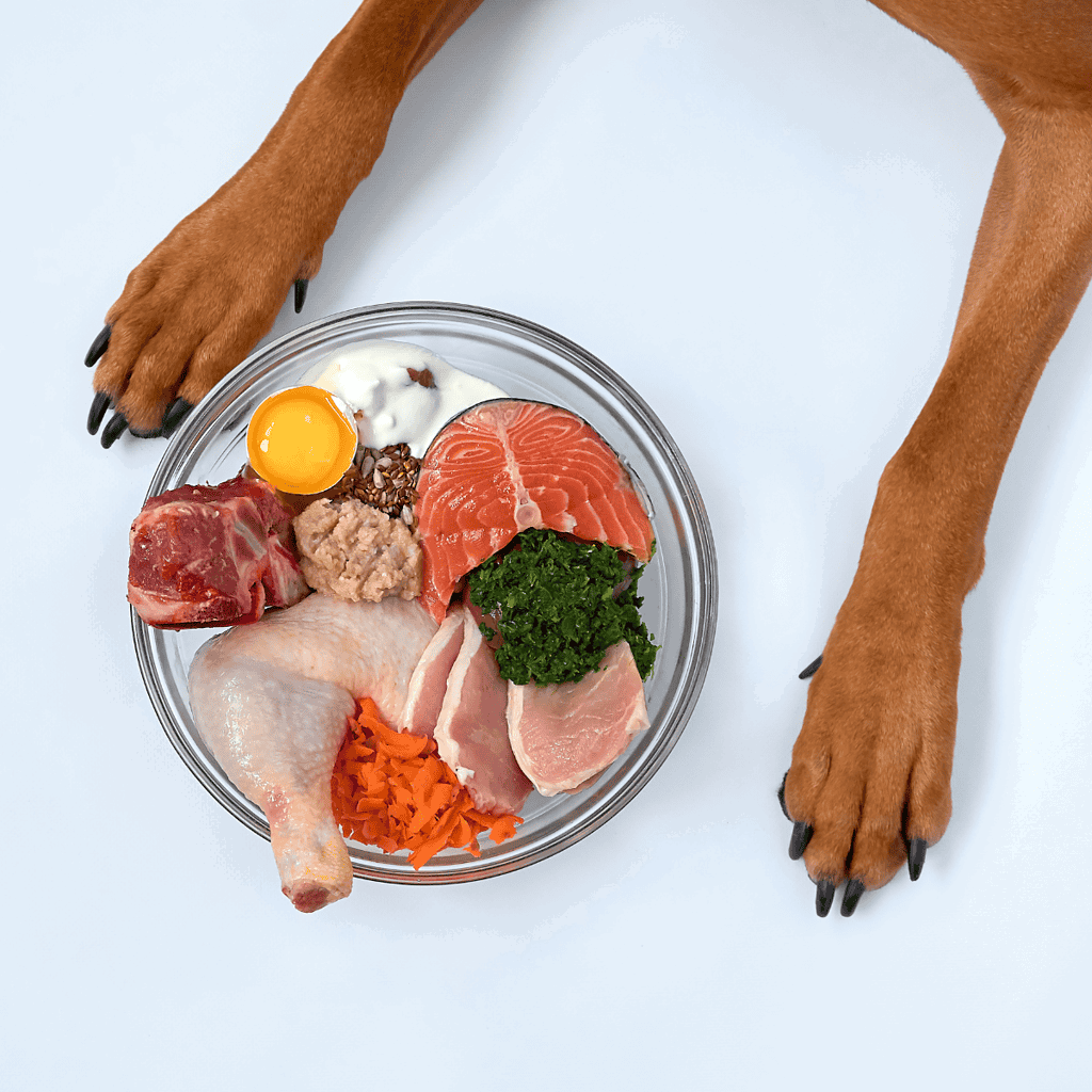 Dog food ingredients with raw meat, vegetables, egg, and supplements on a white background.