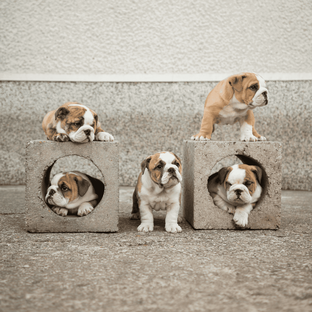 Cute bulldog puppies resting and exploring near cinder blocks, showcasing their playful and adorable nature.
