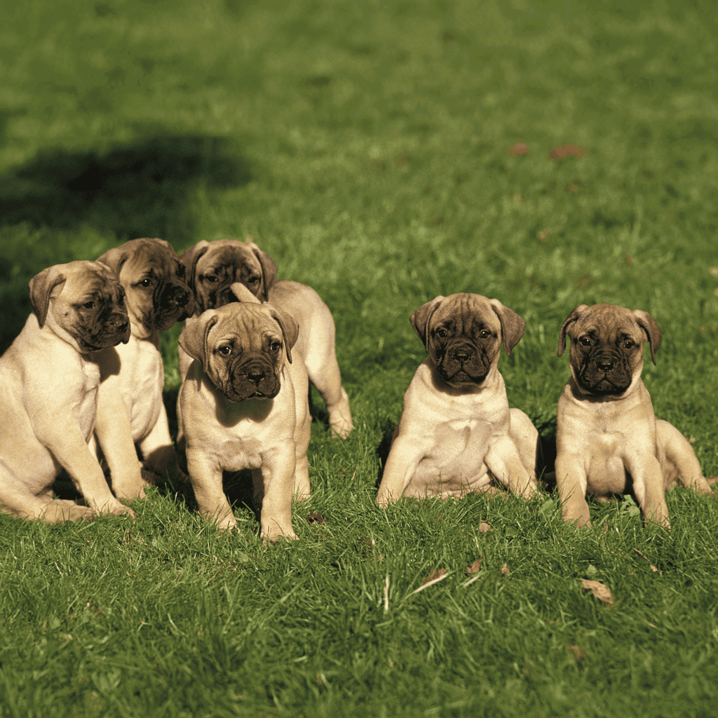 Adorable mastiff puppies playing on green grass in the park.
