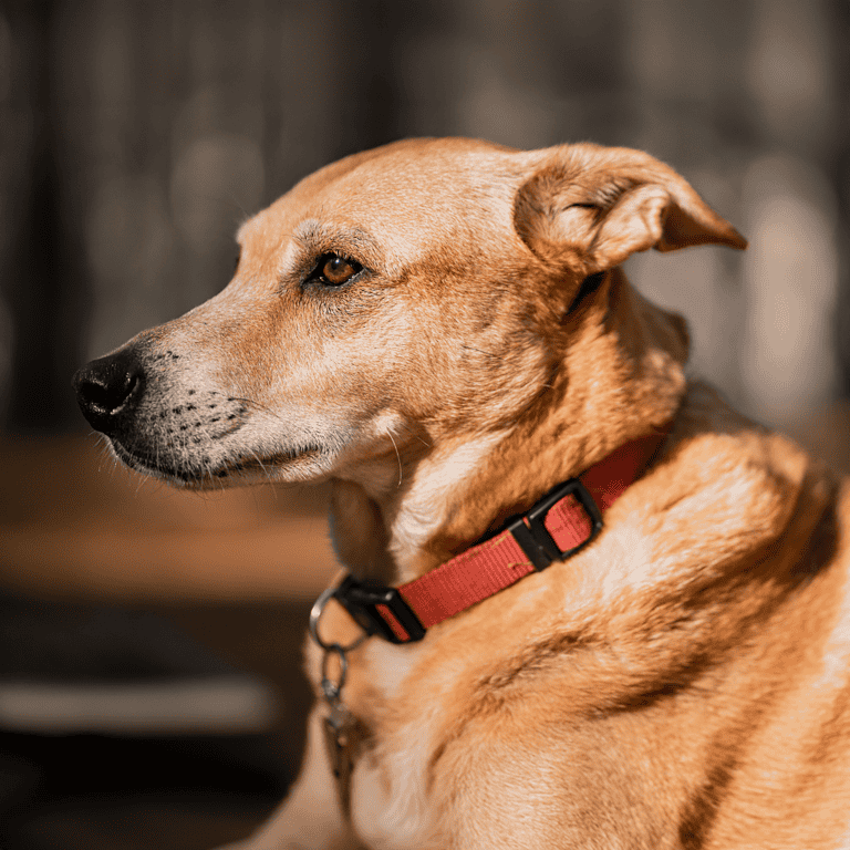 Close-up of a dog’s profile with a focused expression, wearing a red collar in natural light.