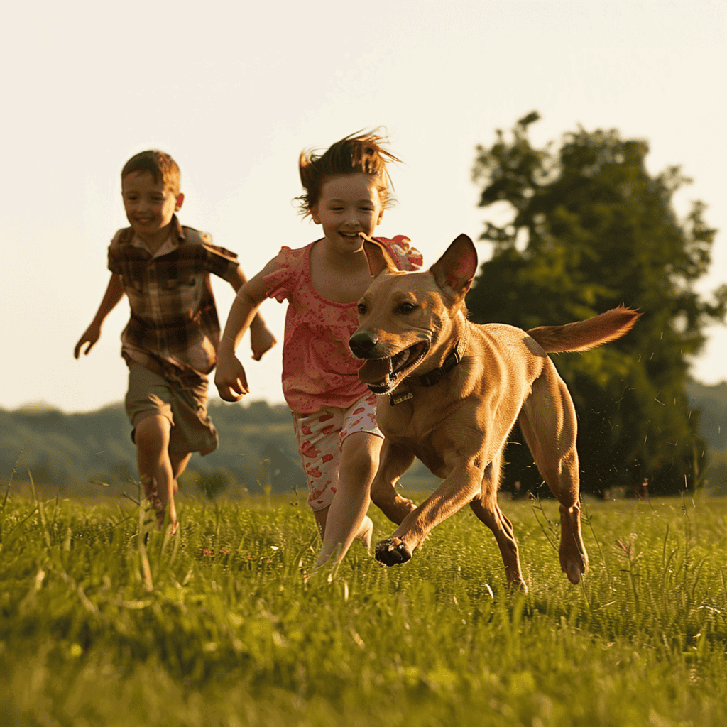Children playing with dog in lush green field, emphasizing pet care and outdoor fun.