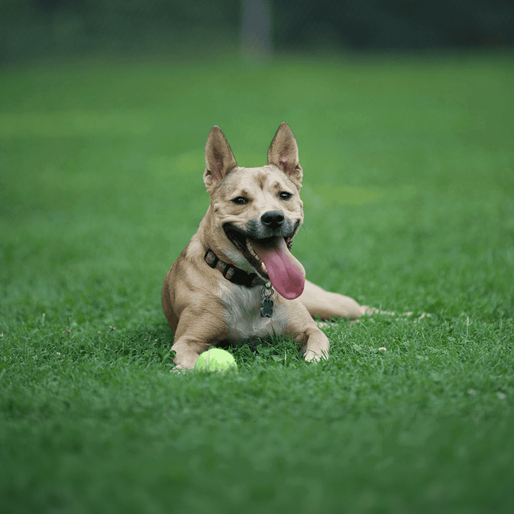 Friendly, happy dog lying on lush green grass with tennis ball, enjoying outdoor playtime.