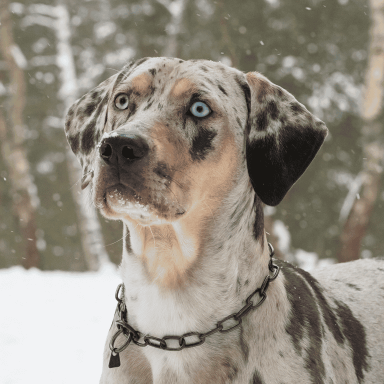 Adorable Dalmatian with blue eyes in snowy forest, close-up portrait.