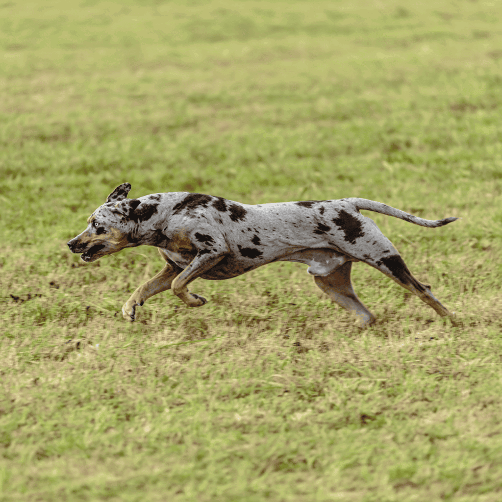 Running Dalmatian dog in motion across grassy field.