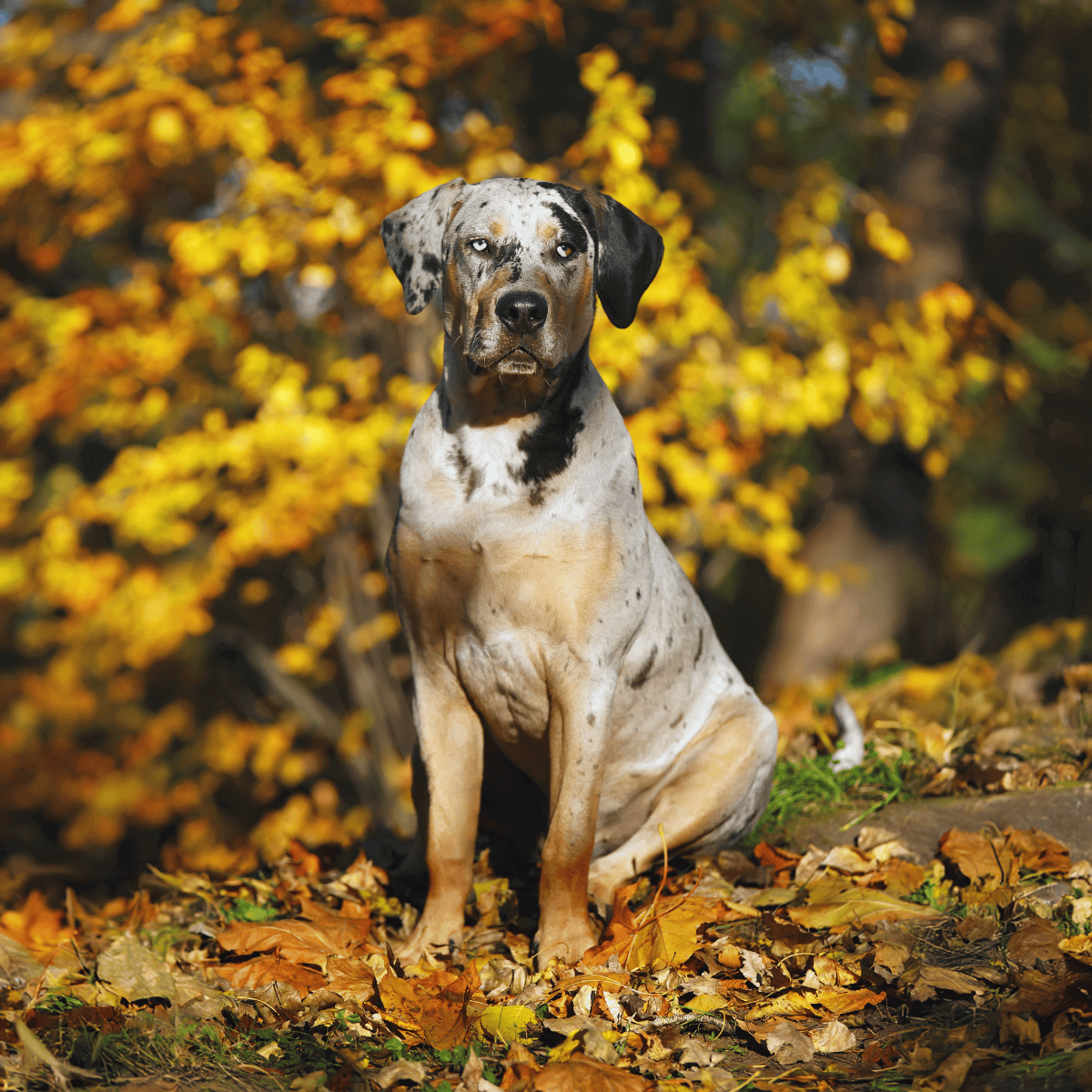 Adorable Dalmatian with distinctive black and white spots, sitting among colorful fall foliage in a natural setting.