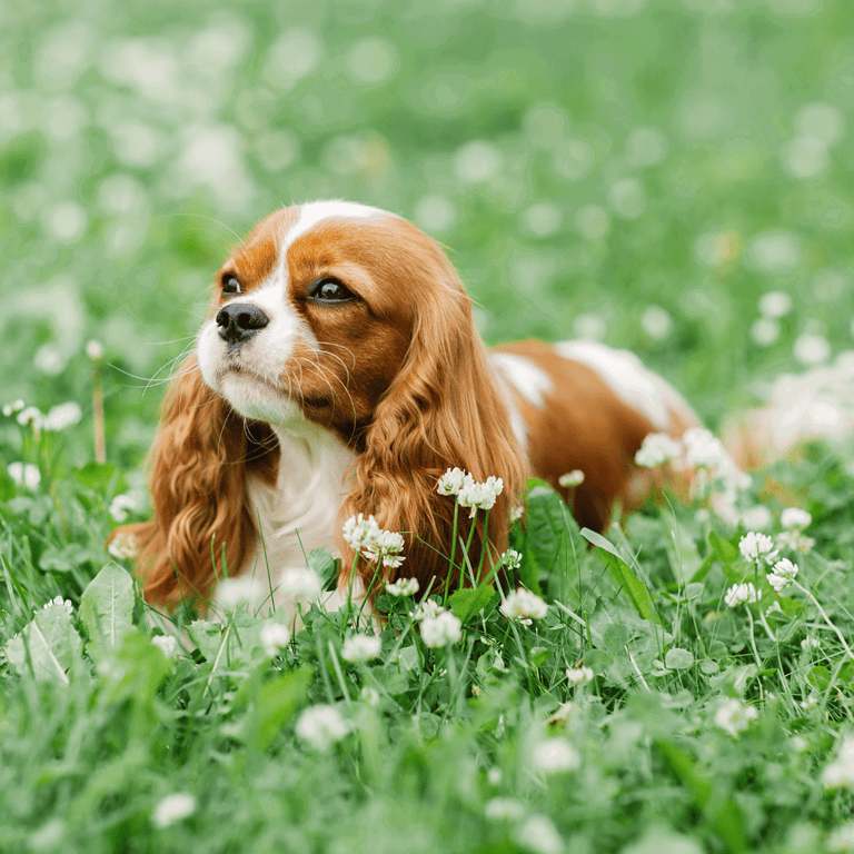Cavalier puppy resting outdoors in a field of white flowers, showcasing a friendly dog.