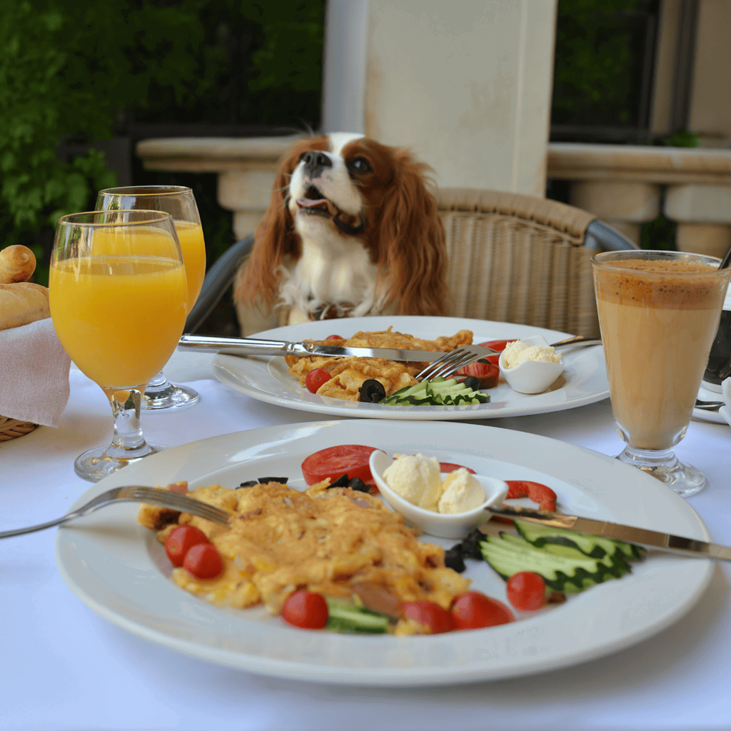 Dog-friendly breakfast table with a Cavalier King Charles Spaniel enjoying meals outdoors.
