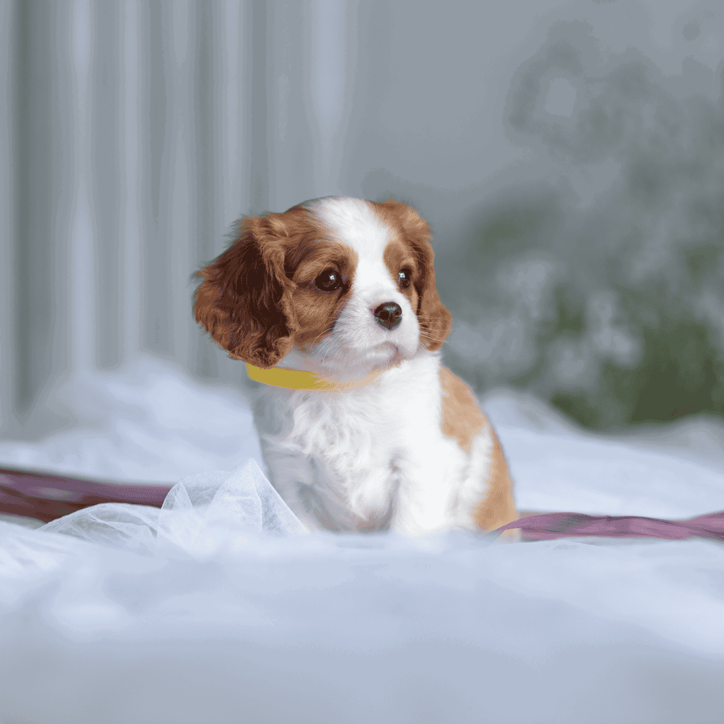 Adorable Cavalier King Charles Spaniel puppy sitting on a soft surface, looking curious. Perfect for pet care and dog adoption topics.