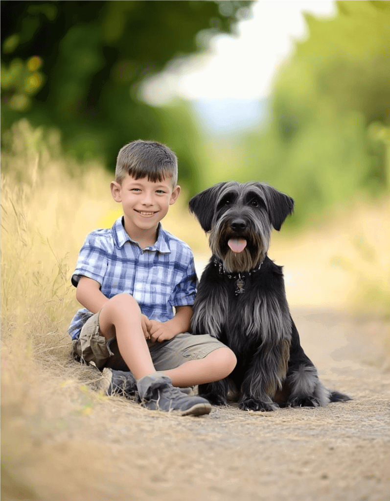 Happy boy with his dog in nature setting.