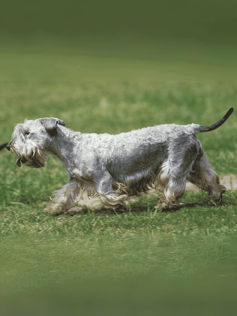 A playful dog with long, wavy fur running on a grassy field, showcasing joyful outdoor exercise and pet activity.