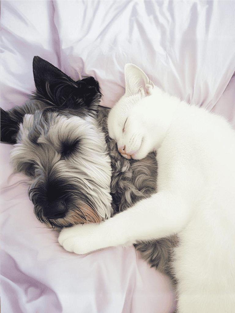 Adorable dog and cat cuddling and sleeping together on a soft pink blanket. Perfect for pet lovers and animal care enthusiasts.