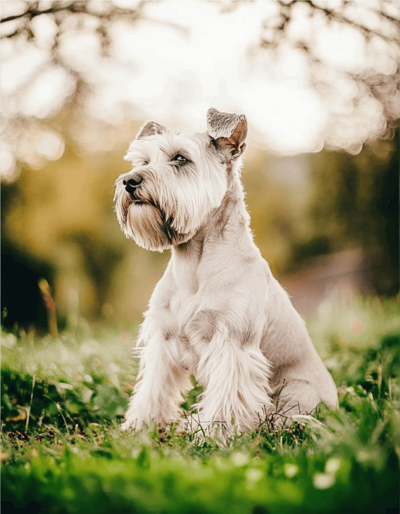 Cute dog sitting outdoors in a park, showcasing pet care and dog grooming.