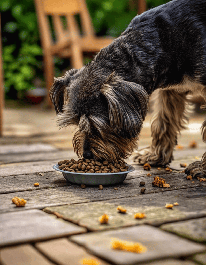 Adorable dog consuming dry kibble on wooden deck in garden setting.