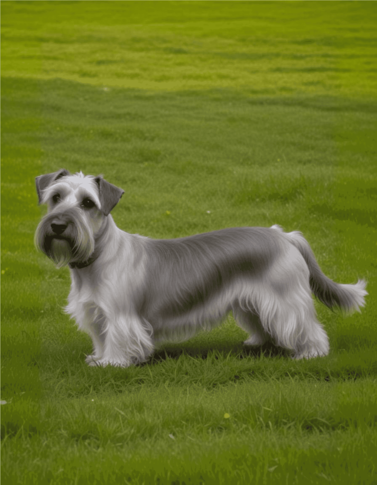 Adorable puppy, healthy dog, well-groomed, outdoor grass field, pet care, dog training, dog grooming, dog health.
