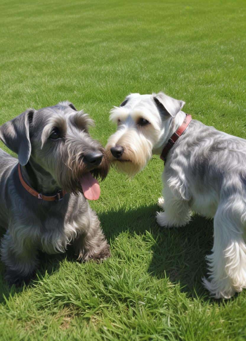 Playful schnauzer and terrier meeting on the green lawn, showcasing pet grooming and care services.