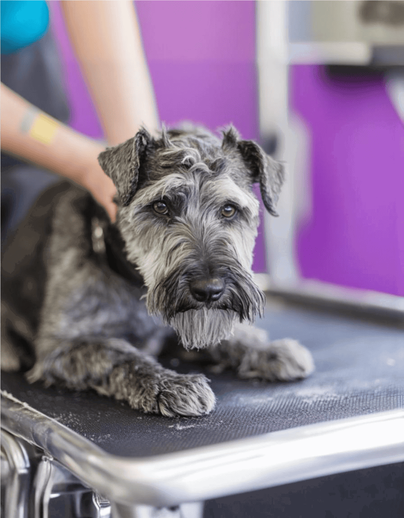 Schnauzer dog getting groomed at pet grooming salon.