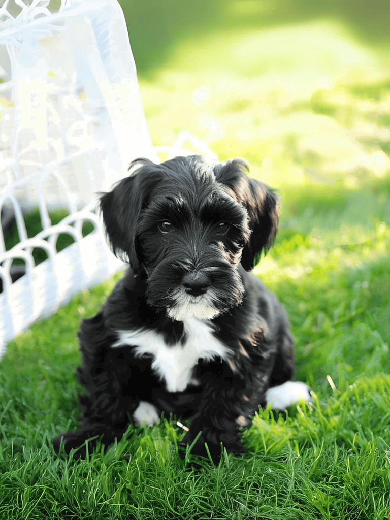 Adorable black and white puppy sitting in lush green grass outdoors, sunny and bright environment.