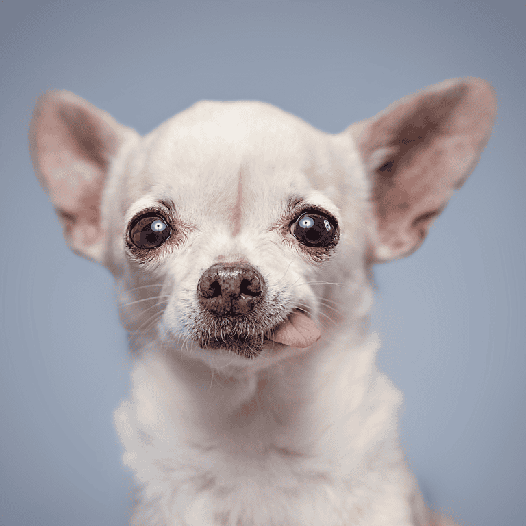 Small white Chihuahua with big ears and black eyes, a lovable and loyal dog breed.