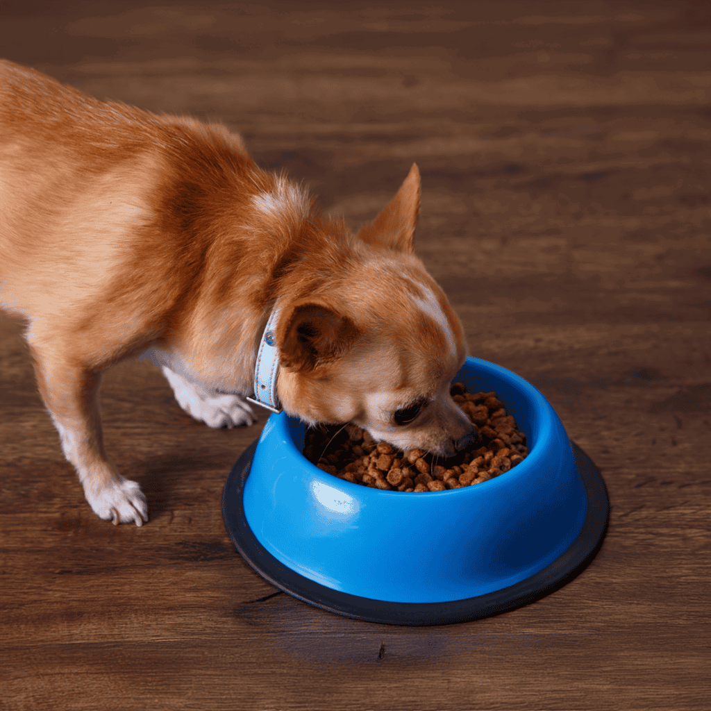 Dog eating dry kibble from a blue pet food bowl on hardwood floor.