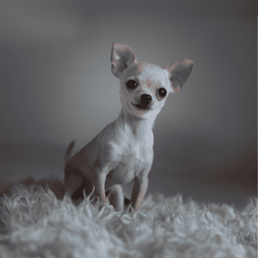 Cute Chihuahua dog with large ears and expressive eyes, sitting on plush fur for comfortable pet photoshoot.