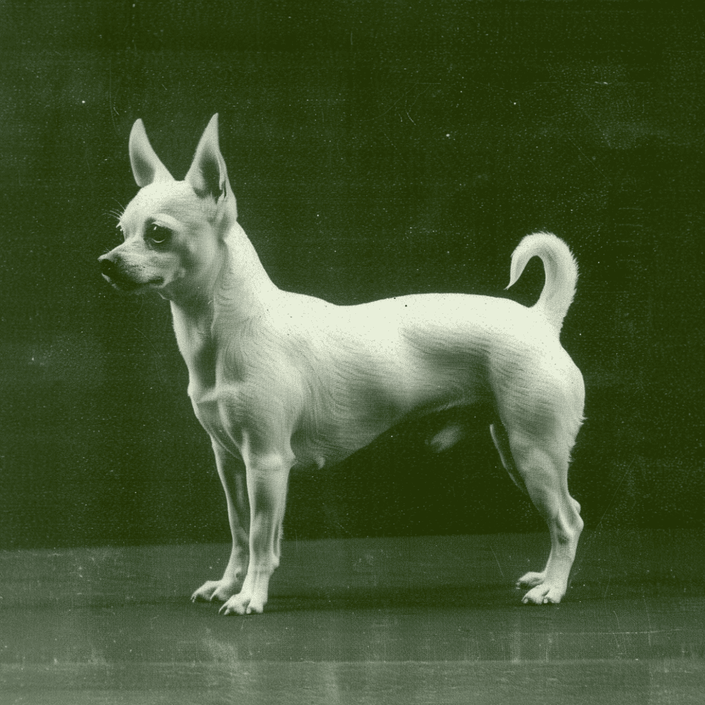 Dog standing confidently with ears up and tail curled, on dark background.