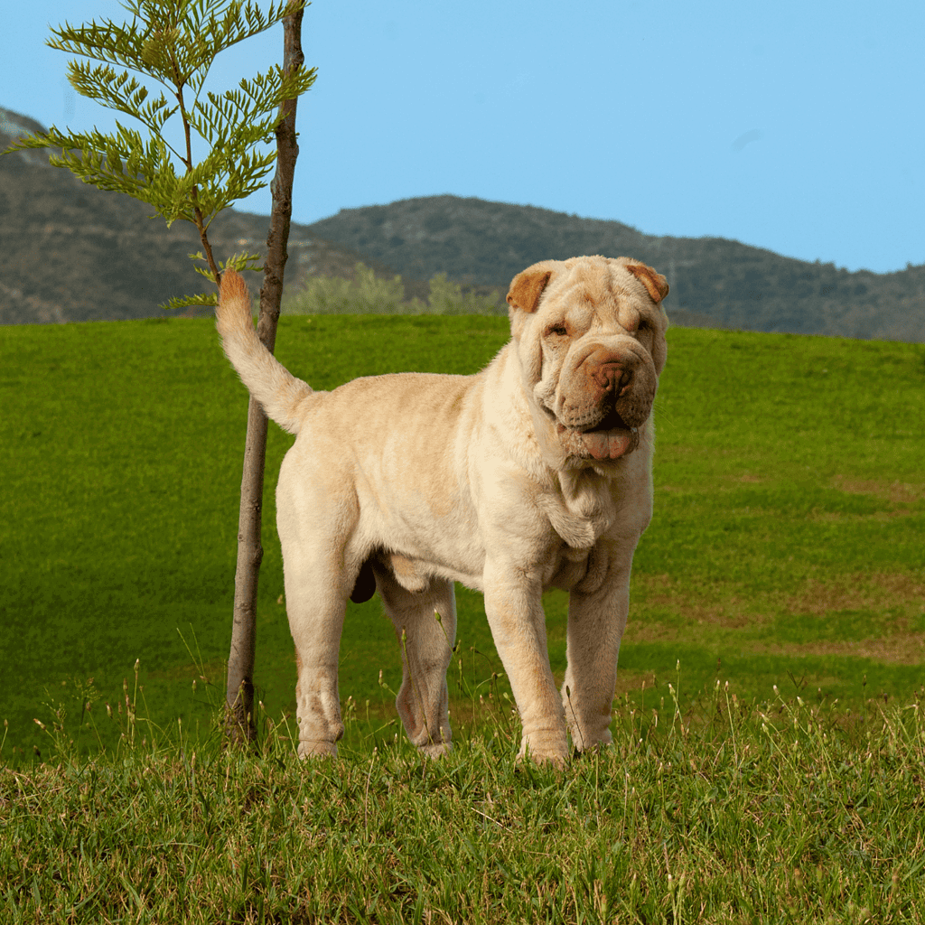 Adorable large breed dog in a green outdoor setting with mountains in the background.