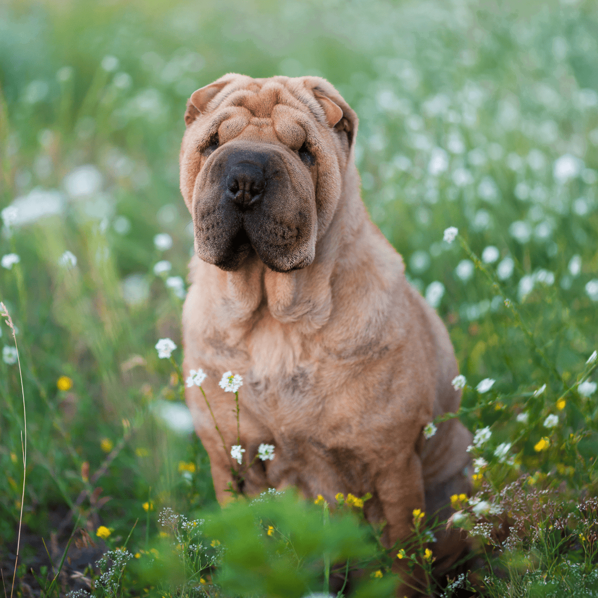 Adorable Shar Pei sitting in lush field with white flowers, showcasing relaxed and friendly temperament.