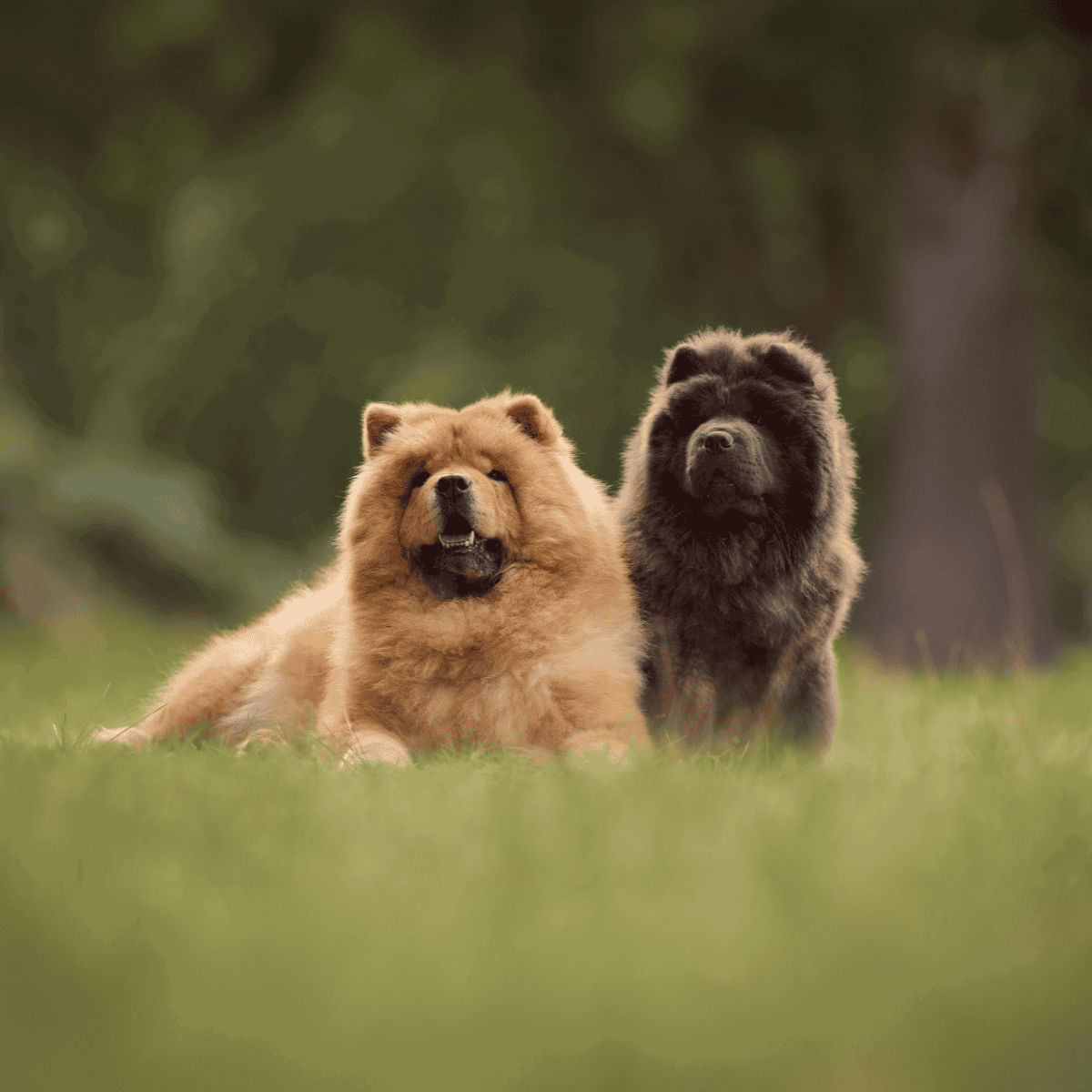 Adorable Chow Chow puppies sitting on grass outdoors, showcasing fluffy coats and cute expressions.