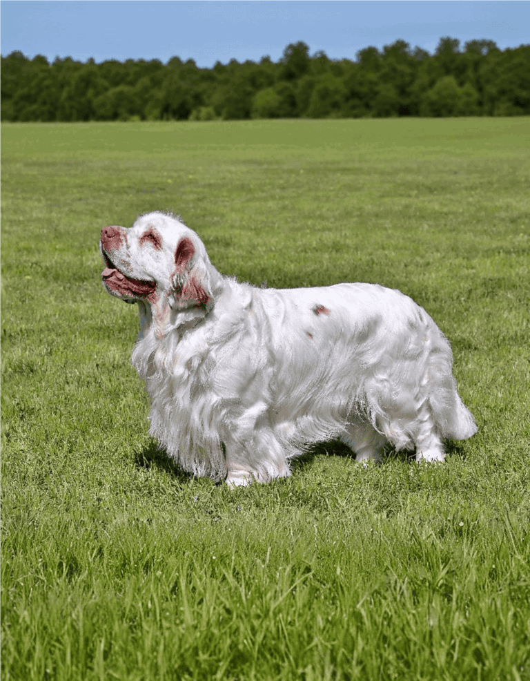 Fluffy white dog playing outdoors in a green field, sunny day, happy and relaxed.