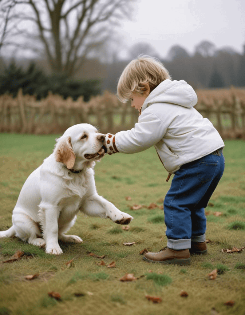 Adorable puppy enjoying playtime with kid in a park.